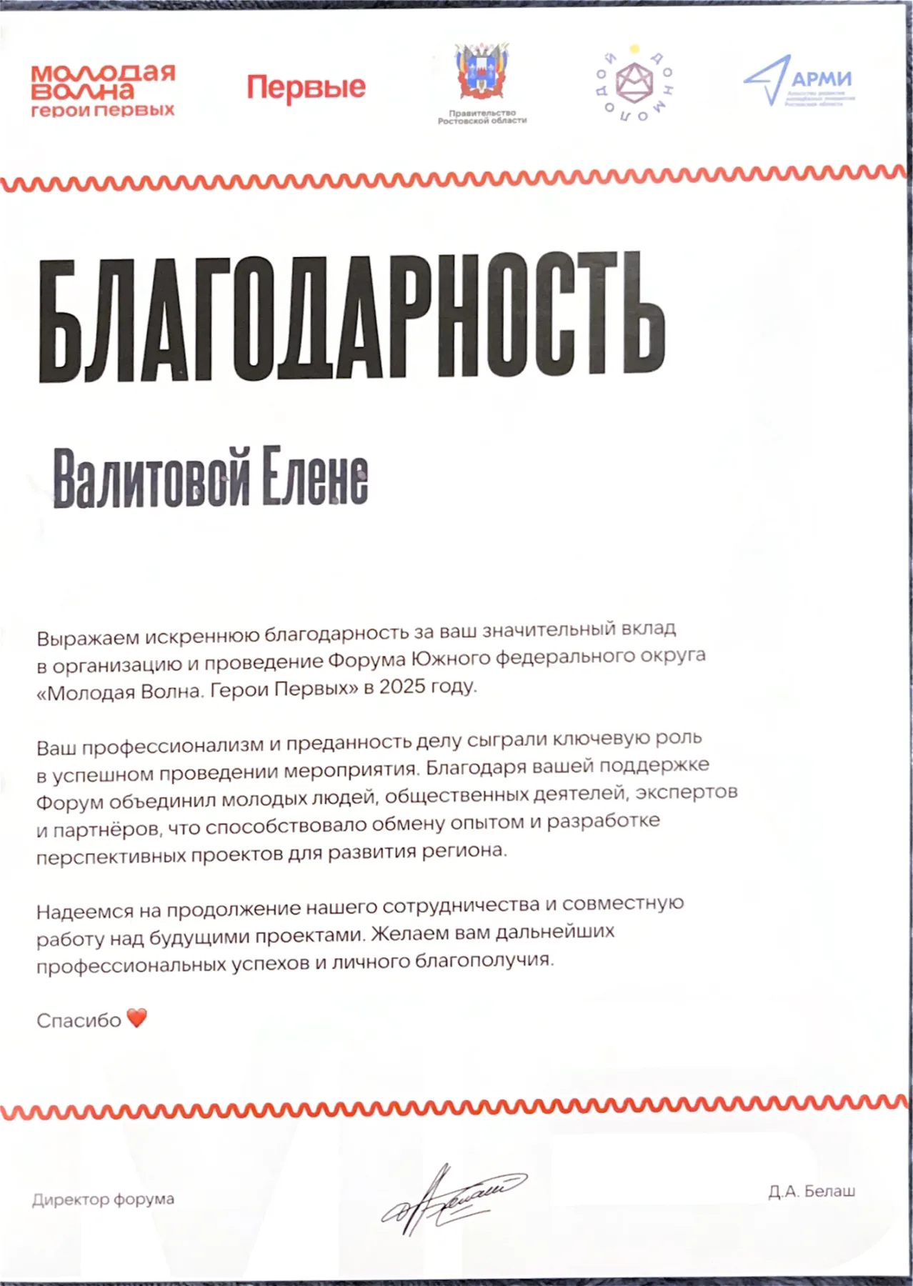 Благодарность за вклад в организацию и проведение Форума ЮФО «Молодая Волна. Герои Первых», 2025
